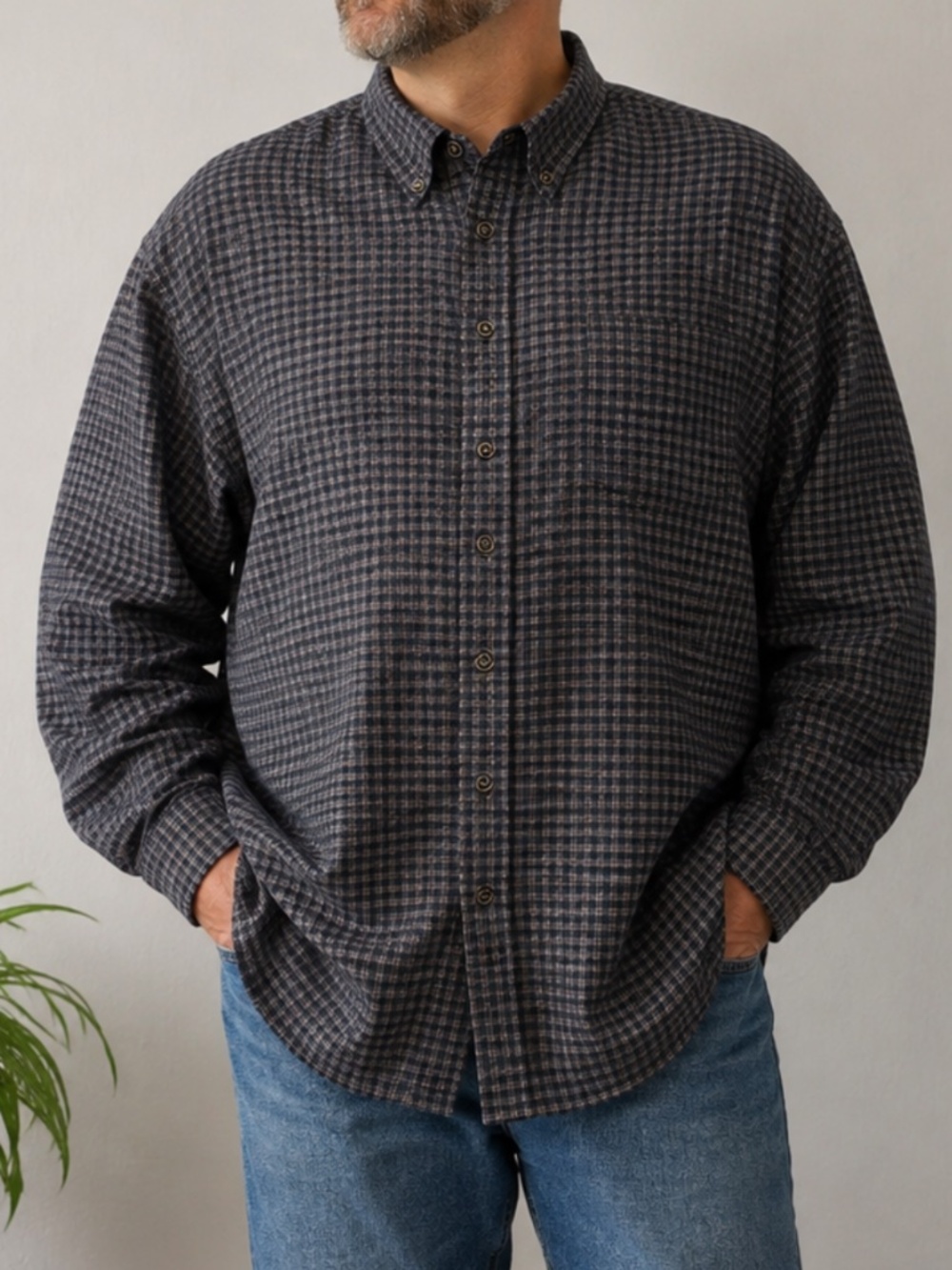 ROWM Plaid Button Down Shirt 4XB Blue Gray Cotton Blend Long Sleeve Big & Tall